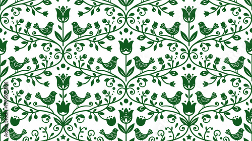 Ornate green floral pattern with repeating vines and leaves for wallpaper design.