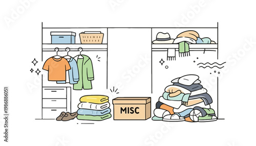 Clothing closet vector illustration with organized and messy sections