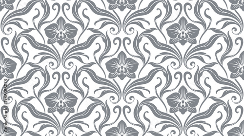 Seamless grayscale damask ornamental pattern for elegant backgrounds and textures.