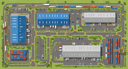 Aerial View of a Logistics and Distribution Center with Warehouses.