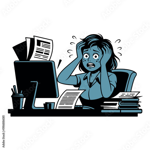 A stressed woman sitting at her desk with papers and books scattered around her, looking overwhelmed and frustrated.