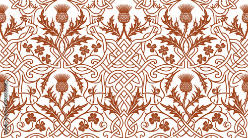 Intricate repeating damask floral pattern in terracotta tones suitable for wallpaper and textiles.
