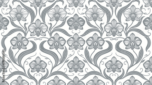 Intricate Grey Damask Pattern with Ornamental Floral Motifs for Repeating Background.