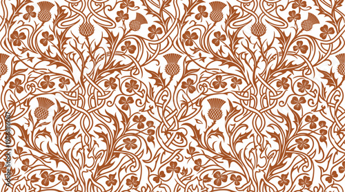 Intricate brown damask floral repeating pattern suitable for textile design and wallpaper.