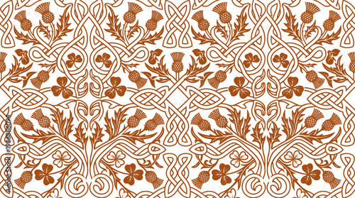 Intricate brown damask floral pattern with seamless repeat suitable for textiles and wallpaper design.