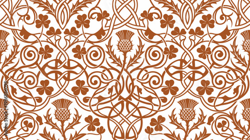 Intricate Damask Floral Pattern with Symmetric Scrollwork and Repeating Motifs.