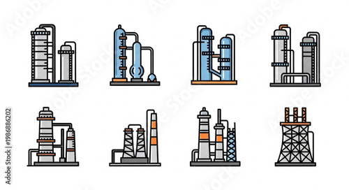 Diverse Chemical Plant Illustrations - A Collection of Industrial Structures.