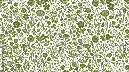 Intricate botanical pattern of leaves and flowers across a delicate decorative textile design.