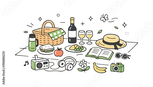 A picnic basket illustration with wine and food on a blanket outdoors