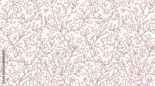 Soft pink botanical pattern of delicate leafy branches for textiles and wallpapers.