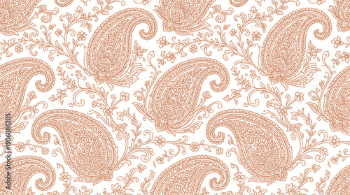 Delicate Peach Paisley Pattern for Wallpaper and Textile Decor with Ornamental Swirls and Vintage Damask Motifs.