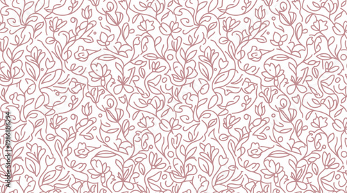 Intricate botanical pattern of pink leaves and vines on a light background.