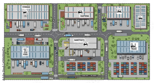 Aerial View of Industrial Park Layout with Buildings and Roads.