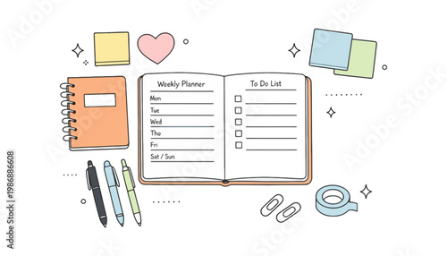 A colorful illustration of a weekly planner and stationery items
