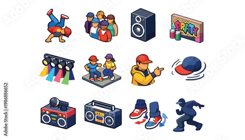 A vibrant illustration of hip hop culture with various icons and symbols