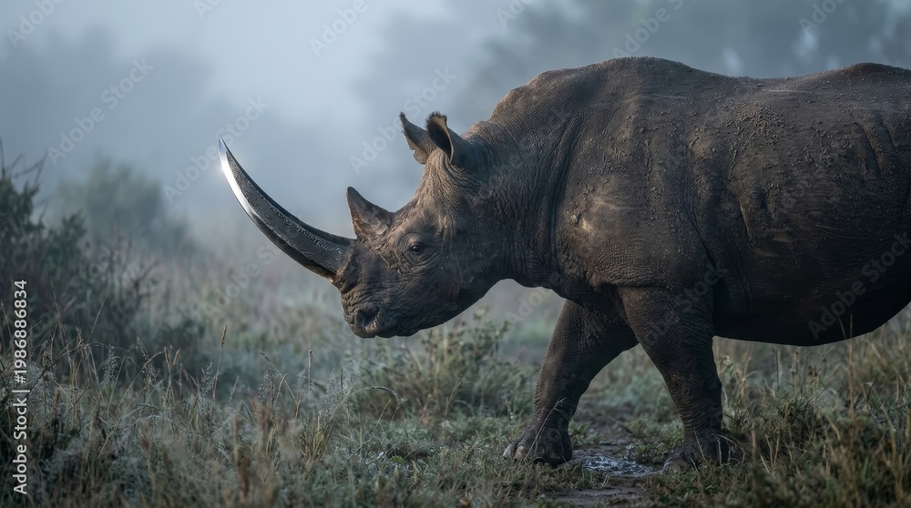 Obraz premium Black rhinoceros with blade horn emerging from mist dramatic wildlife fantasy concept