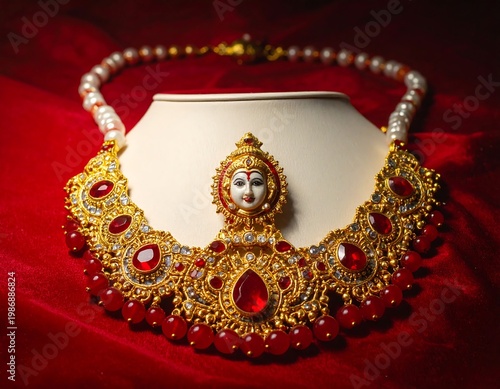 A luxurious gold necklace with red gemstones and pearls on a mannequin