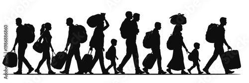 Silhouette of people walking with luggage bags and backpacks representing travel migration journey family movement and tourism concept