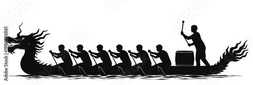 Silhouette of dragon boat with team paddling and drummer representing traditional festival teamwork coordination water sport and cultural celebration