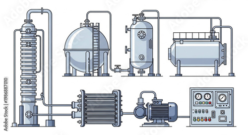 Industrial Process Equipment - Distillation Column, Tanks, Heat Exchanger, Pump, Control Panel.