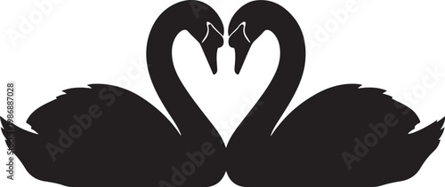 Black swan couple, heart shape, love birds, romantic icon, animal vector