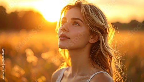 A woman with long blonde hair smiling in a field at sunset
