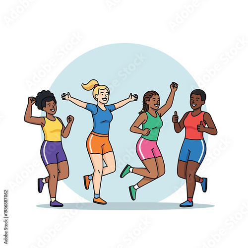 Women in sportswear exercising together outdoors.