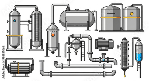 Industrial Equipment and Piping System Illustration for Chemical Processing.