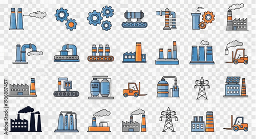 Set of Industry and Manufacturing Icons - Factory, Production, and Automation.