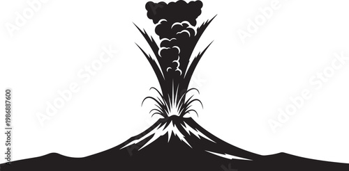 Volcano eruption, volcanic explosion, black silhouette, landscape icon
