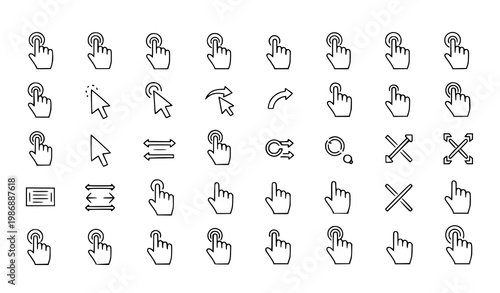 Geometric hand cursor outline icon collection with click drag zoom and interaction symbols vector illustration