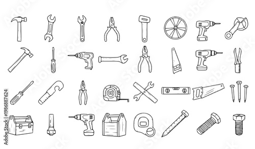 Hand drawn construction tools icon set with hammer wrench drill and DIY sketch elements vector collection