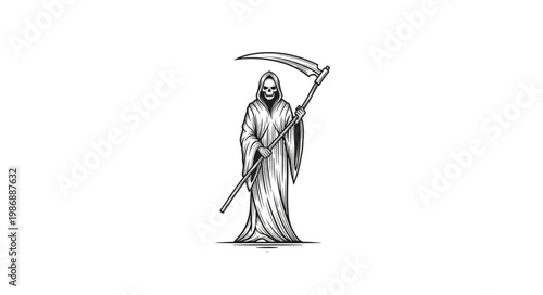 Grim Reaper Standing With Scythe Illustration.