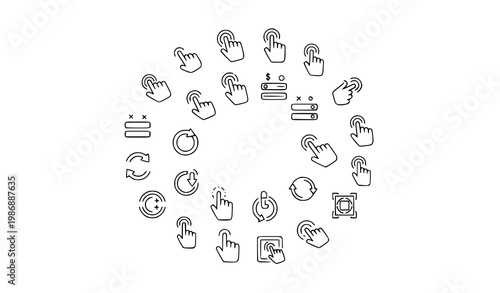 Modern circular touchscreen gesture icons with swipe tap drag zoom and multitouch interaction symbols