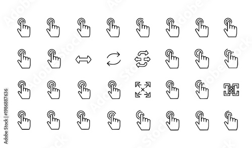 Geometric touchscreen gesture outline icon collection with tap swipe drag and multitasking symbols vector