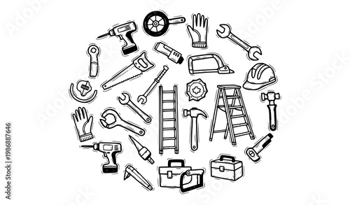Creative circular construction doodle icons with repair tools power equipment and safety gear hand drawn vector set