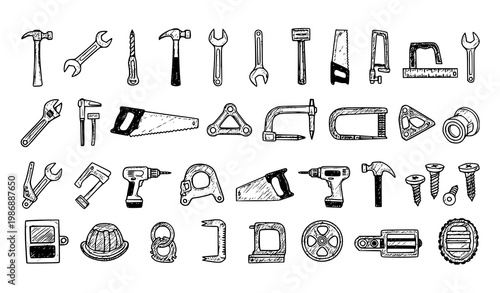 Hand drawn construction tools collection with DIY repair sketch icons and building equipment vector illustration