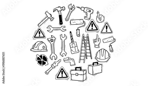 Creative circular hand drawn construction tools doodle icons with DIY and repair sketch elements vector set