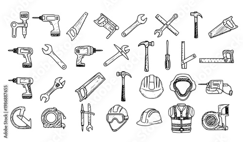 Hand drawn construction tools doodle collection with repair equipment and safety gear sketch vector illustration