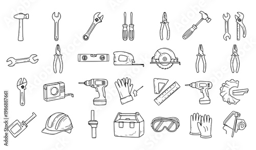 Hand drawn construction doodle icon set with repair tools power tools and safety gear outline vector collection