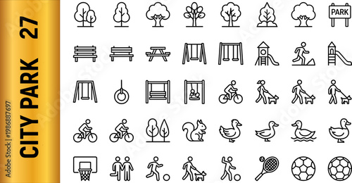 A collection of city park icons featuring various recreational activities and facilities in a flat design style, suitable for use in marketing materials, websites, or educational resources.