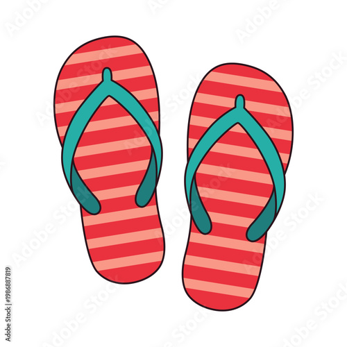 Vector illustration of colorful flip-flops with stripes pattern isolated on white. Summer beach footwear icon. Bright tropical design for vacation, travel, and seasonal leisure concepts.