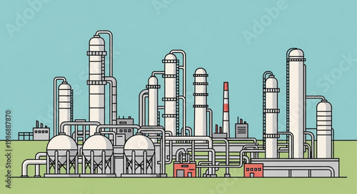 Detailed Illustration of an Industrial Oil Refinery Complex.