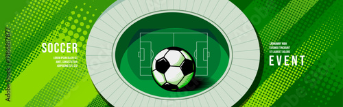Sports Event Banner with Soccer Ball and Abstract Stadium Design