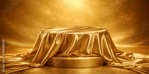 Isolated glasses of champagne, wine, and water stand near a white cake and a gold gift box on a paper background