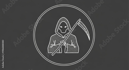 Grim Reaper Line Art Icon With Scythe.