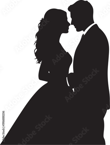 Romantic couple silhouette, wedding dance, love illustration, black silhouette