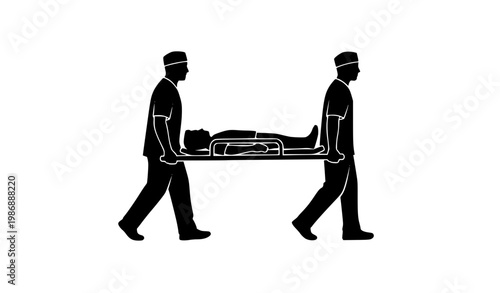 Medical personnel transporting patient on stretcher silhouette black vector emergency healthcare scene