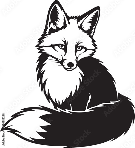 Black and white fox illustration, vector fox graphic, wildlife animal icon, monochrome mammal portrait
