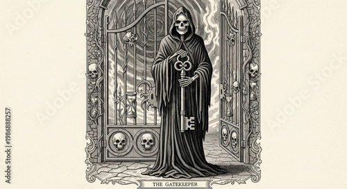 Grim Reaper Skeleton Figure Holding Scythe And Hourglass.
